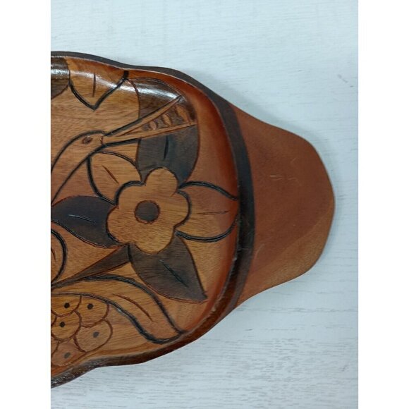 Vintage Large Hand Carved African Folk Art Wood Floral Serving Tray With Handles - Picture 3 of 7